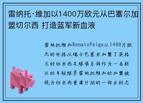 雷纳托·维加以1400万欧元从巴塞尔加盟切尔西 打造蓝军新血液 雷纳托·维加以1400万欧元从巴塞尔加盟切尔西 打造蓝军新血液